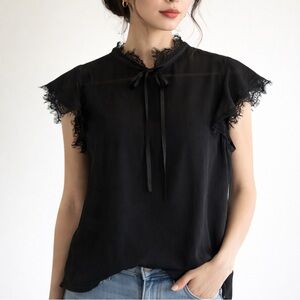 Whimsigoth Romantic Black Lace Sheer Top Goth Vintage Style Bow Blouse Medium